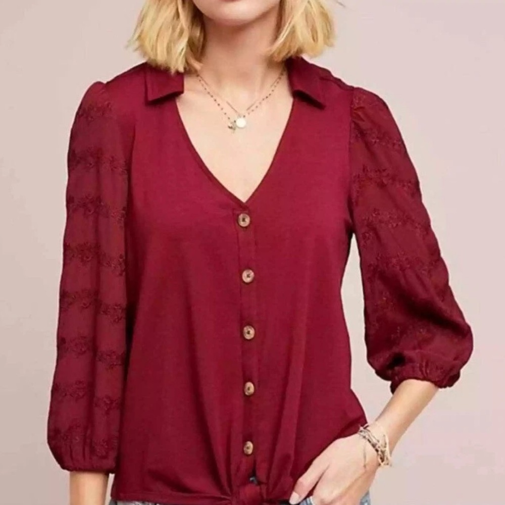 Vanessa Virginia by Anthropologie Maroon Tie Front Button Down Lenora Top